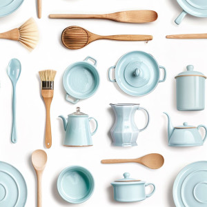 Világoskék konyhai eszközök tapéta