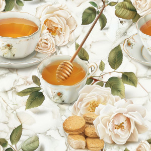 Teás fehér rózsás tapéta konyhába