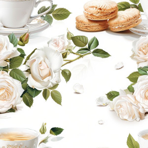 Fehér rózsás tea mintás tapéta konyhába
