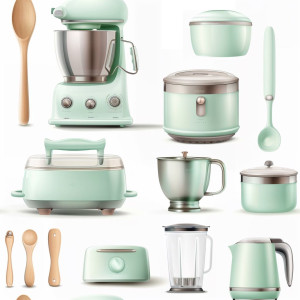 Mentazöld robotgépek, fakanál, konyhai eszközök tapéta