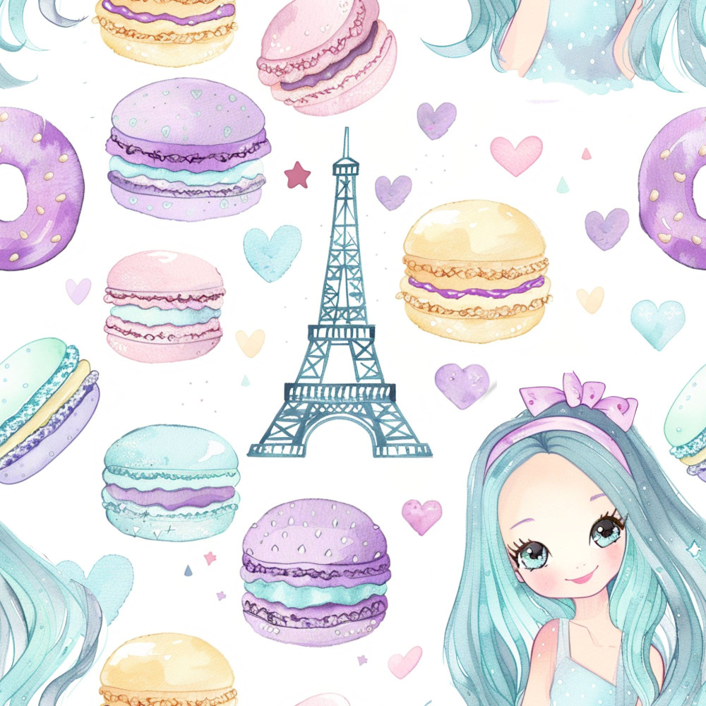 Párizs Eiffel torony, macaronok, kislány gyerekszoba pasztell tapéta