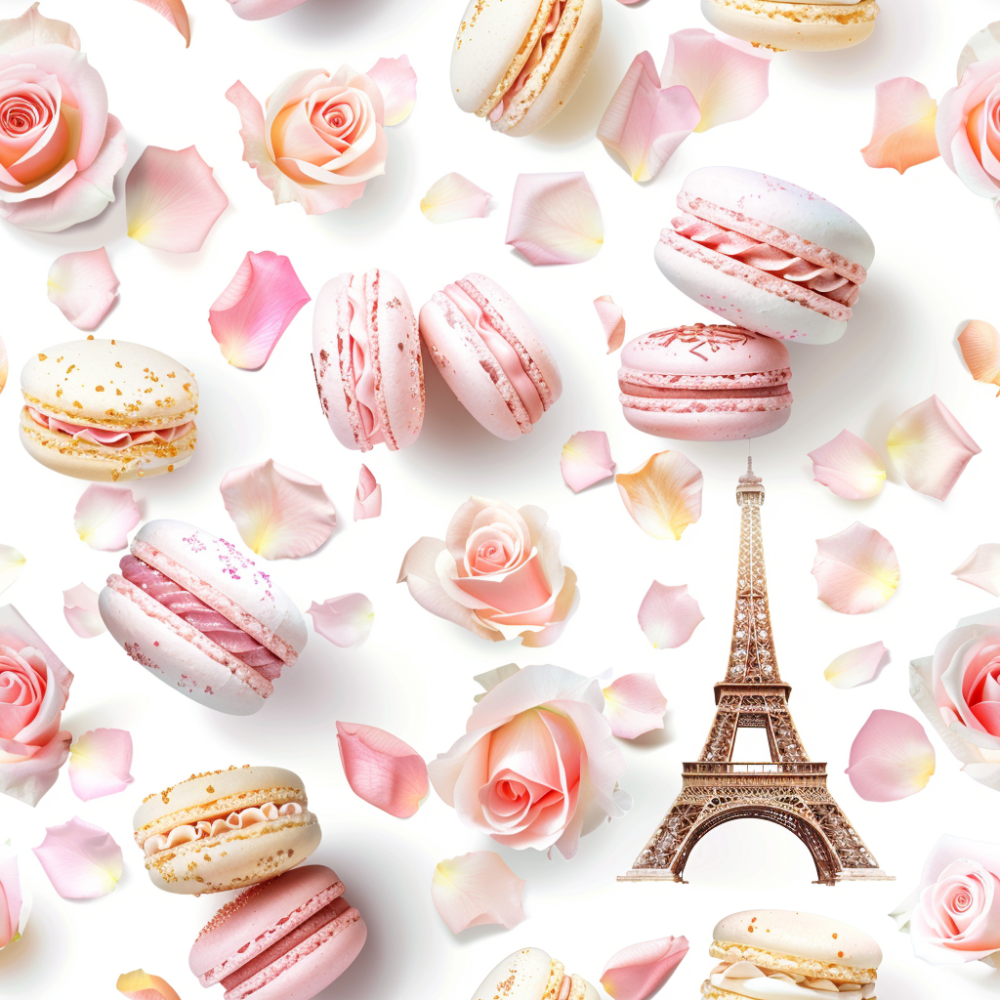 Párizs Eiffel torony, macaronok, rózsás rózsaszínű tapéta nappaliba