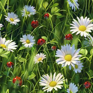 Virágos, katicás rét tapéta nappaliba, hálóba