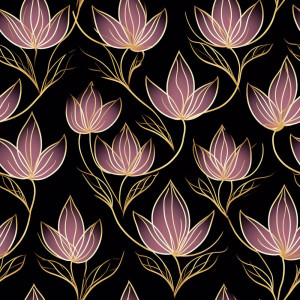 Fekete hátteres, tavirózsa arany színű virág mintás tapéta